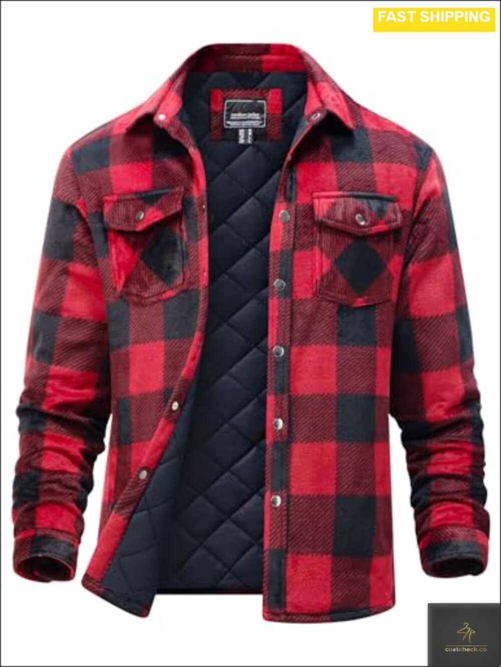 Mens Quilted Flannel Shacket Long Sleeve Plaid Button Down Thermal Jacket